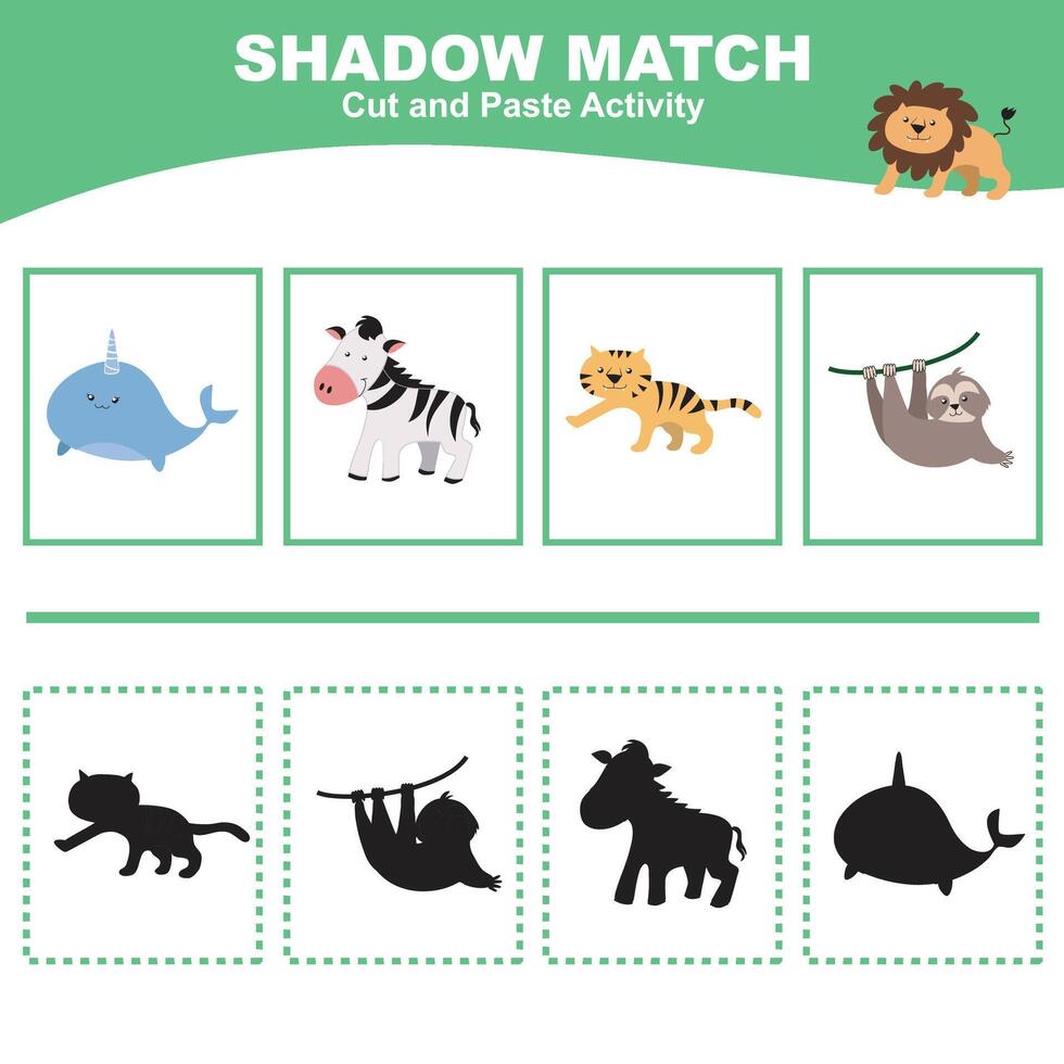 Cut the image in each box and glue it on each shadow. Find the correct shadow. Cut and paste activity for children vector