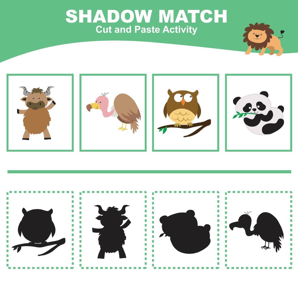 Cut the image in each box and glue it on each shadow. Find the correct shadow. Cut and paste activity for children vector