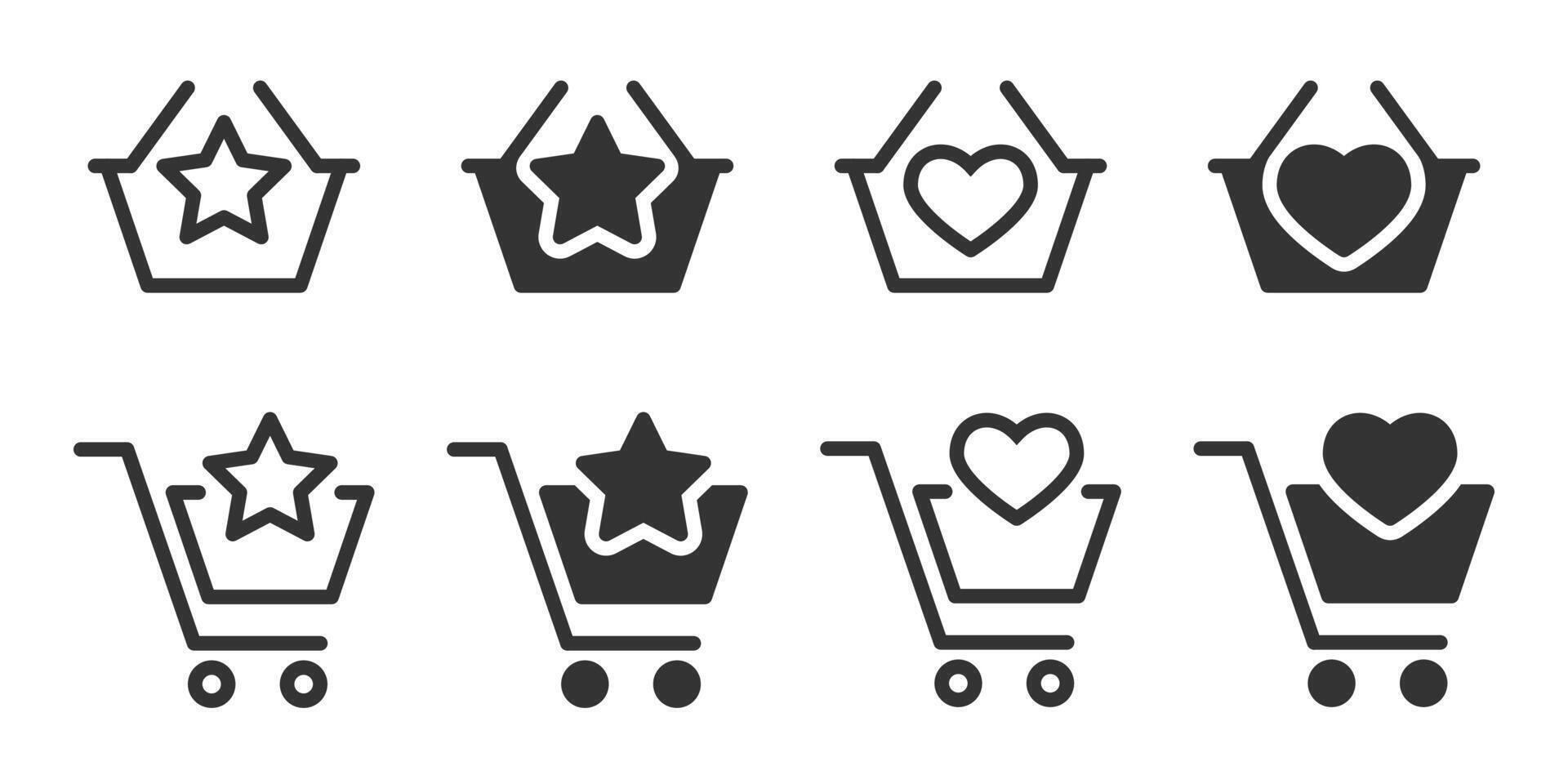 Favorites in basket icon. Shopping basket icon with heart symbol. Trolley with a star. Vector illustration.