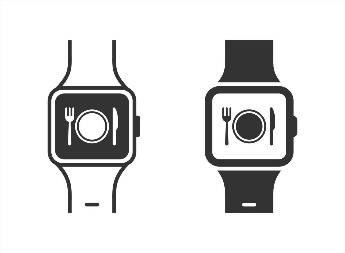 Smartwatch with dinner icon on a screen. Plate with fork and knife. Flat vector illustration.