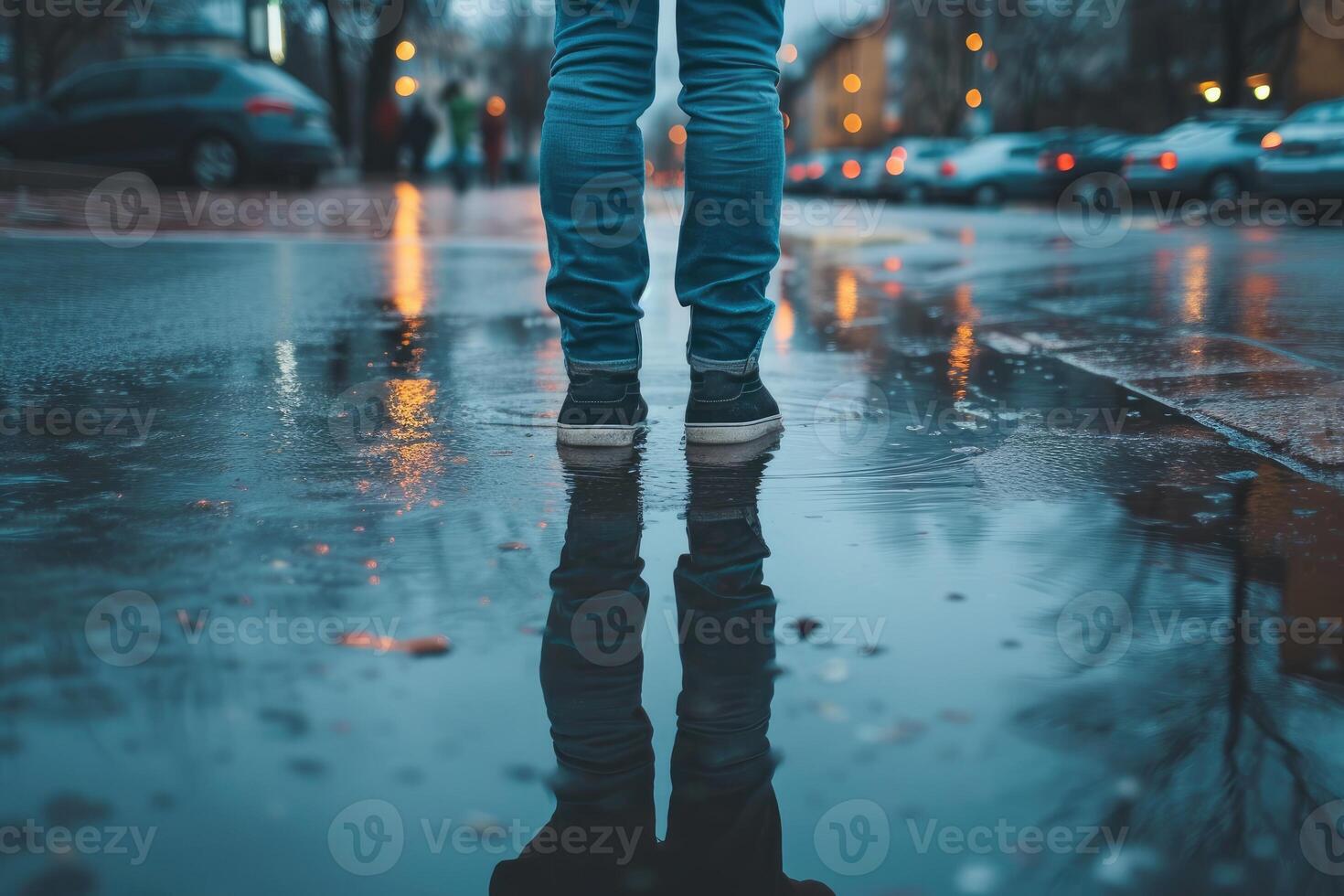 AI generated A child standing in a puddle and looking down the street photo