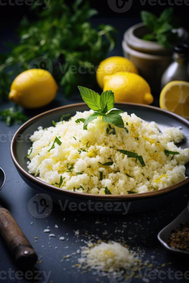 AI generated Delicate lemon herb cauliflower rice on a white plate with lemons in the background photo