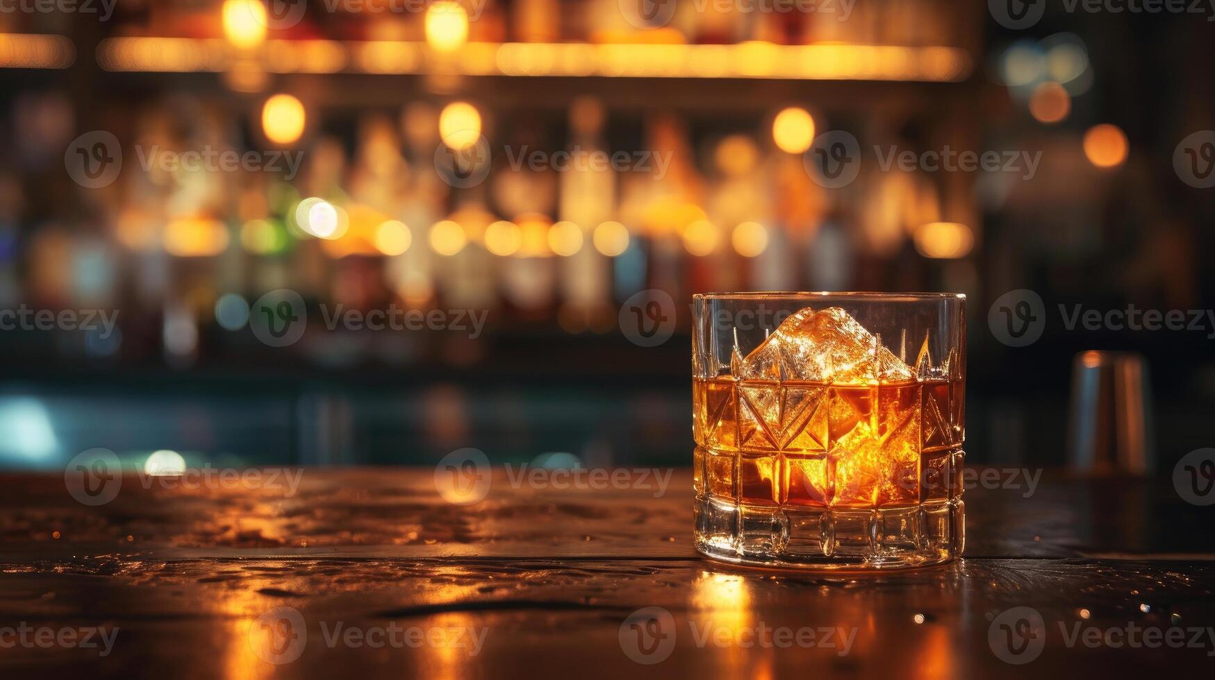 AI generated Glass of whiskey with ice cubes on a bar counter with blurred background photo