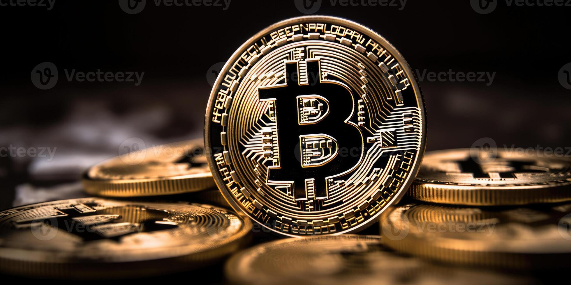 AI generated Several bitcoins are lying on the floor, one bitcoin is focused in the middle photo