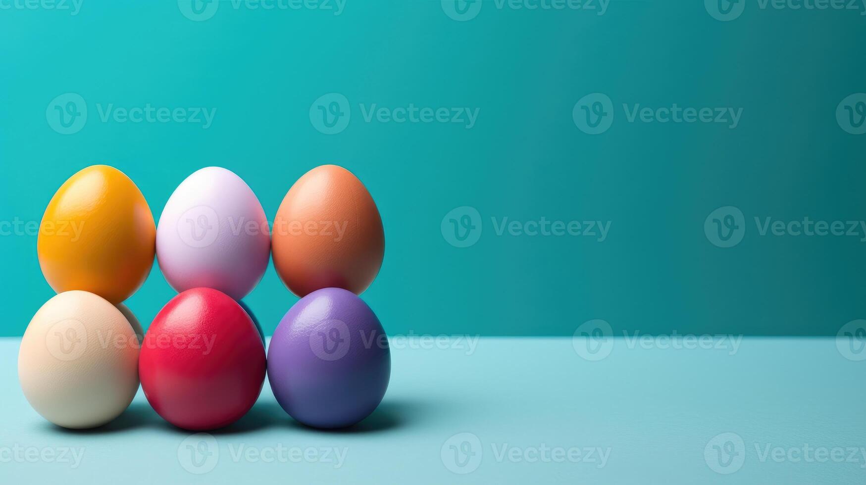 AI generated Colorful Easter eggs stacked on a blue surface with turquoise wall background and copy space photo