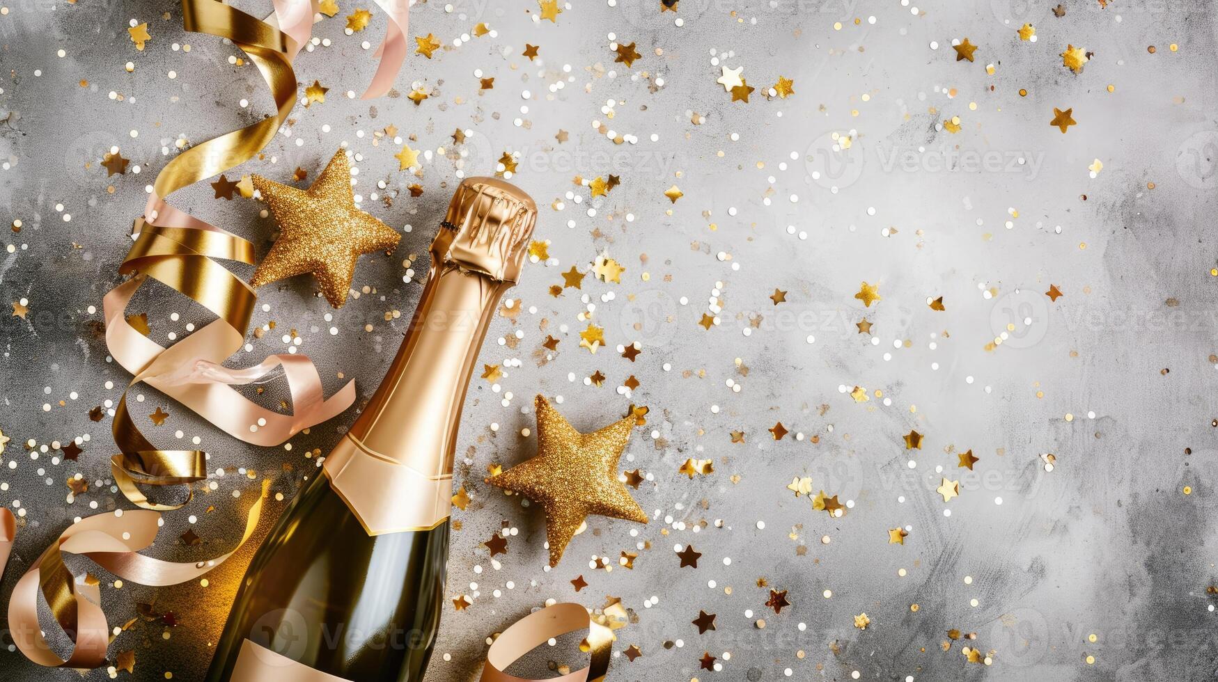 AI generated A champagne bottle adorned with confetti stars and festive streamers set against a white background, perfect for celebrating new year, birthdays, or weddings photo