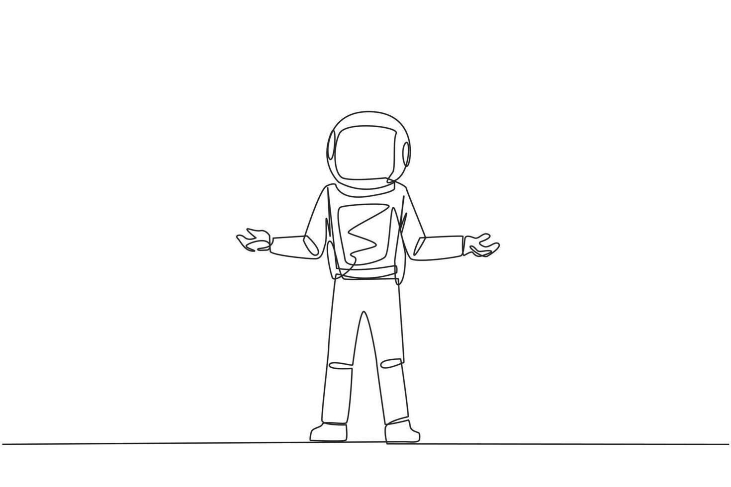 continuo uno línea dibujo joven astronauta en pie Derecho con abierto brazos. solitario y tristeza astronauta lamentándose subdesarrollado negocio. infeliz gerente. soltero línea dibujar diseño vector ilustración