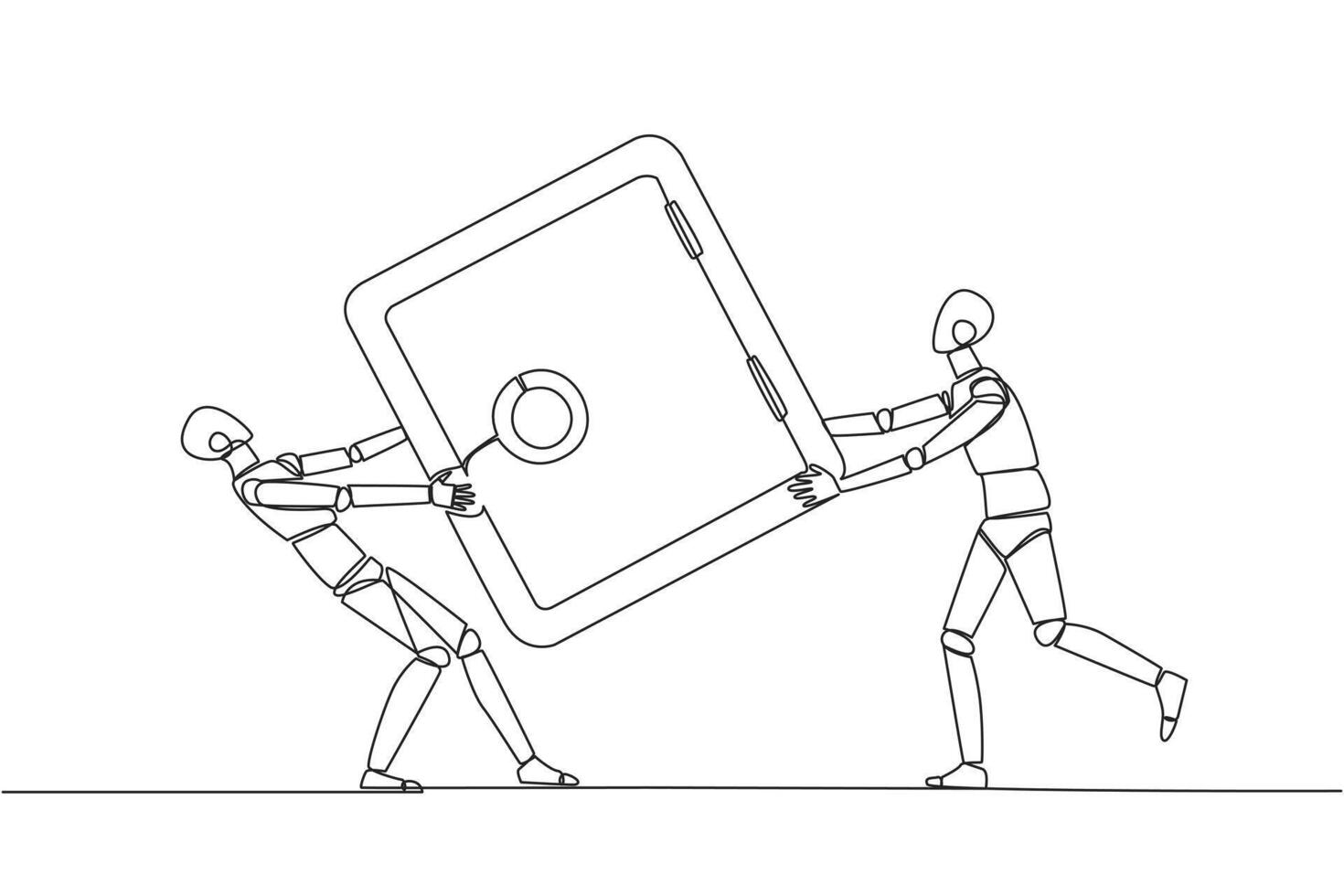 Single continuous line drawing two robot fighting over safe deposit box. Fight for a safe place to store important data. Robot conflict. Competition. AI technology. One line design vector illustration