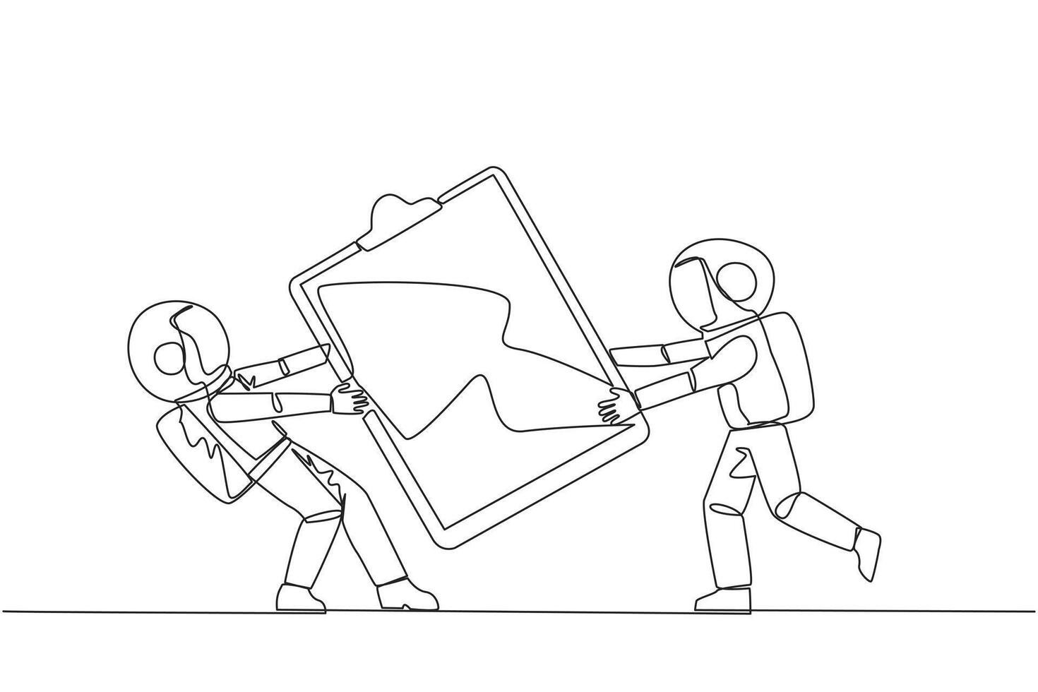Single continuous line drawing two angry astronaut fighting over the clipboard. Useful to make it easier to check reports. Astronaut conflict. Aggressive. Space. One line design vector illustration