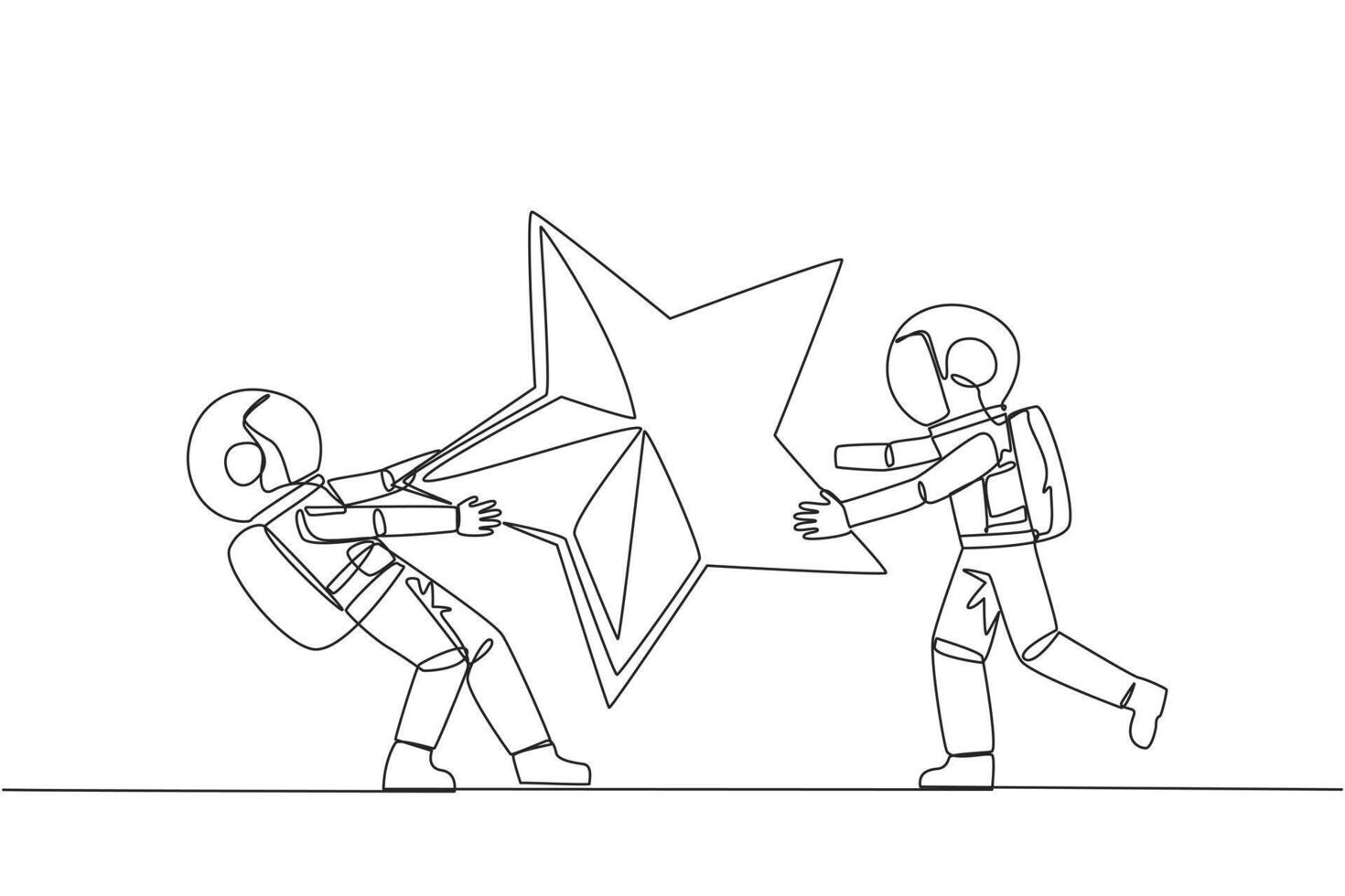 Single one line drawing two angry astronaut fighting over the star. The concept of fighting for brilliant employees for the progress of the company. Space. Continuous line design graphic illustration vector