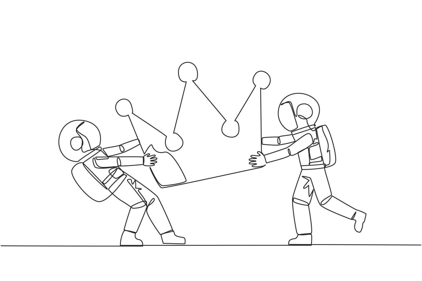 Continuous one line drawing two emotional astronaut fighting over the crown. Fighting for become the most successful and respected astronaut. Conflict. Single line draw design vector illustration