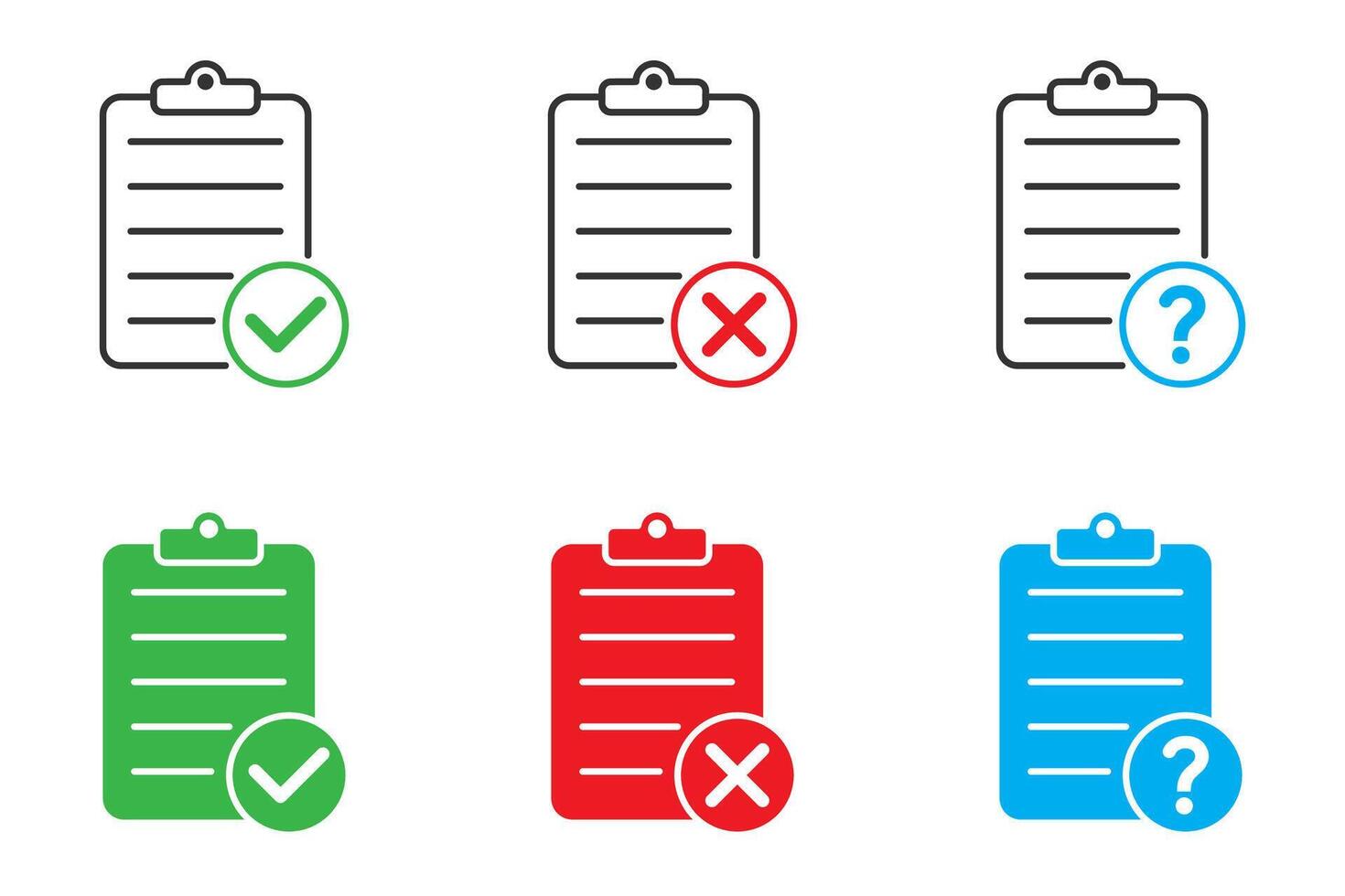 Document icon set with question mark, checkmark, and cross sign symbol. Paper icon. Vector illustration.