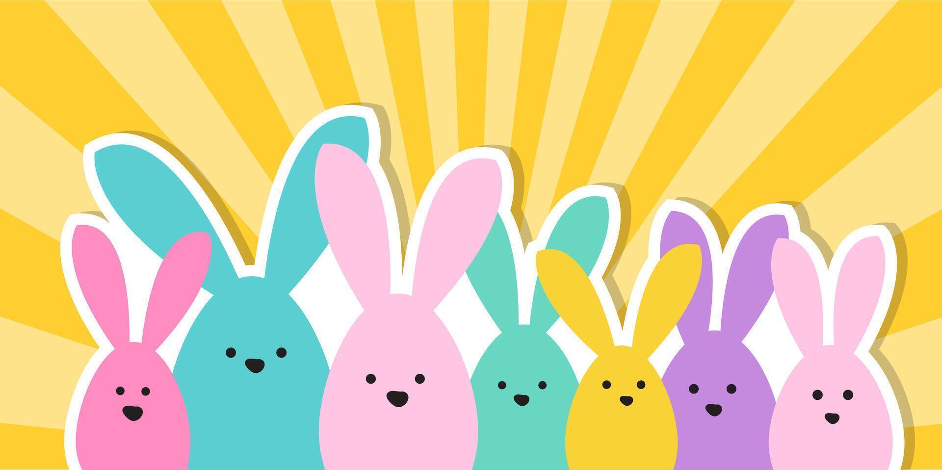 Celebration Greeting Easter card, colorful easter bunny family on sunbeam background vector