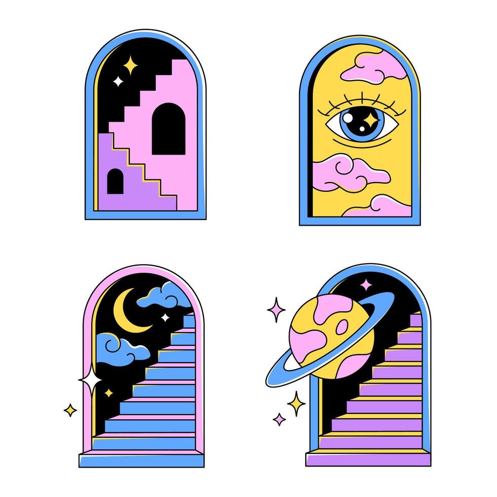 Arches with stairs, contemporary arch doors, windows. Boho, bohemian surreal abstract vector illustrations