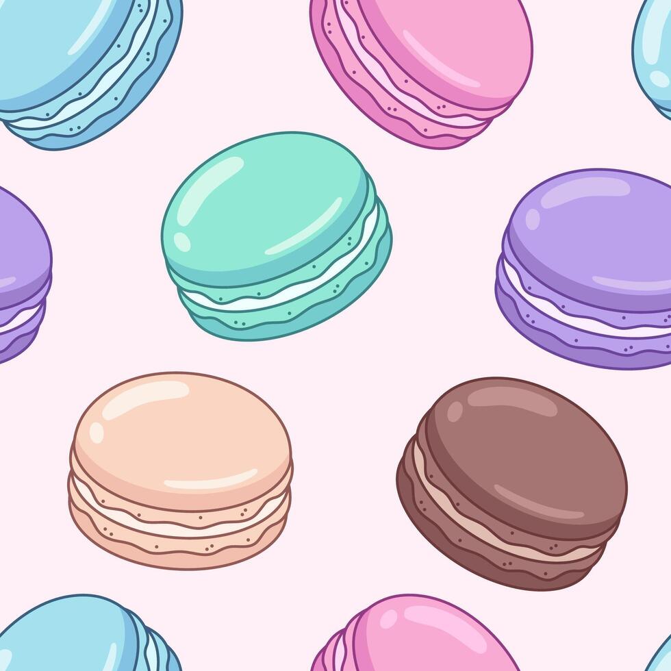 Cartoon style macarons seamless pattern, background. Hand drawn dessert of various colors vector