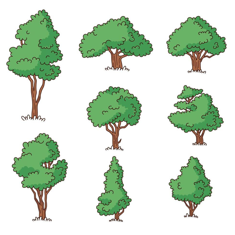 Trees, set of simple cartoon style drawings. Plants, forest doodle illustrations vector