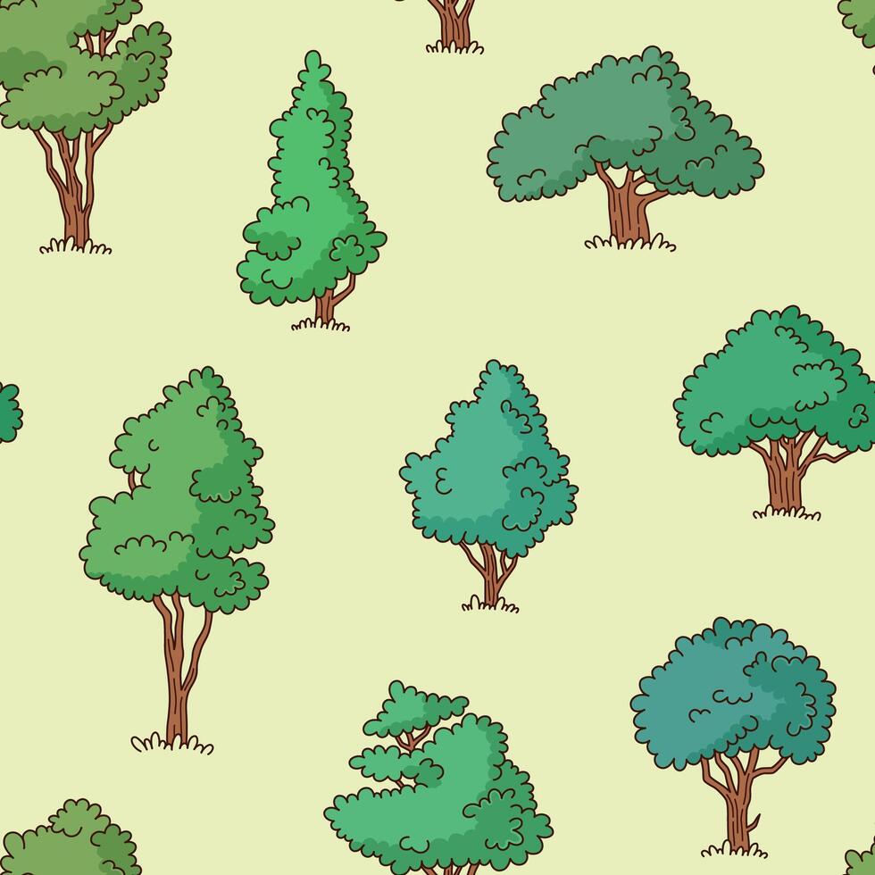 Trees, simple cartoon style drawings, seamless pattern, background. Plants, forest doodle illustrations vector