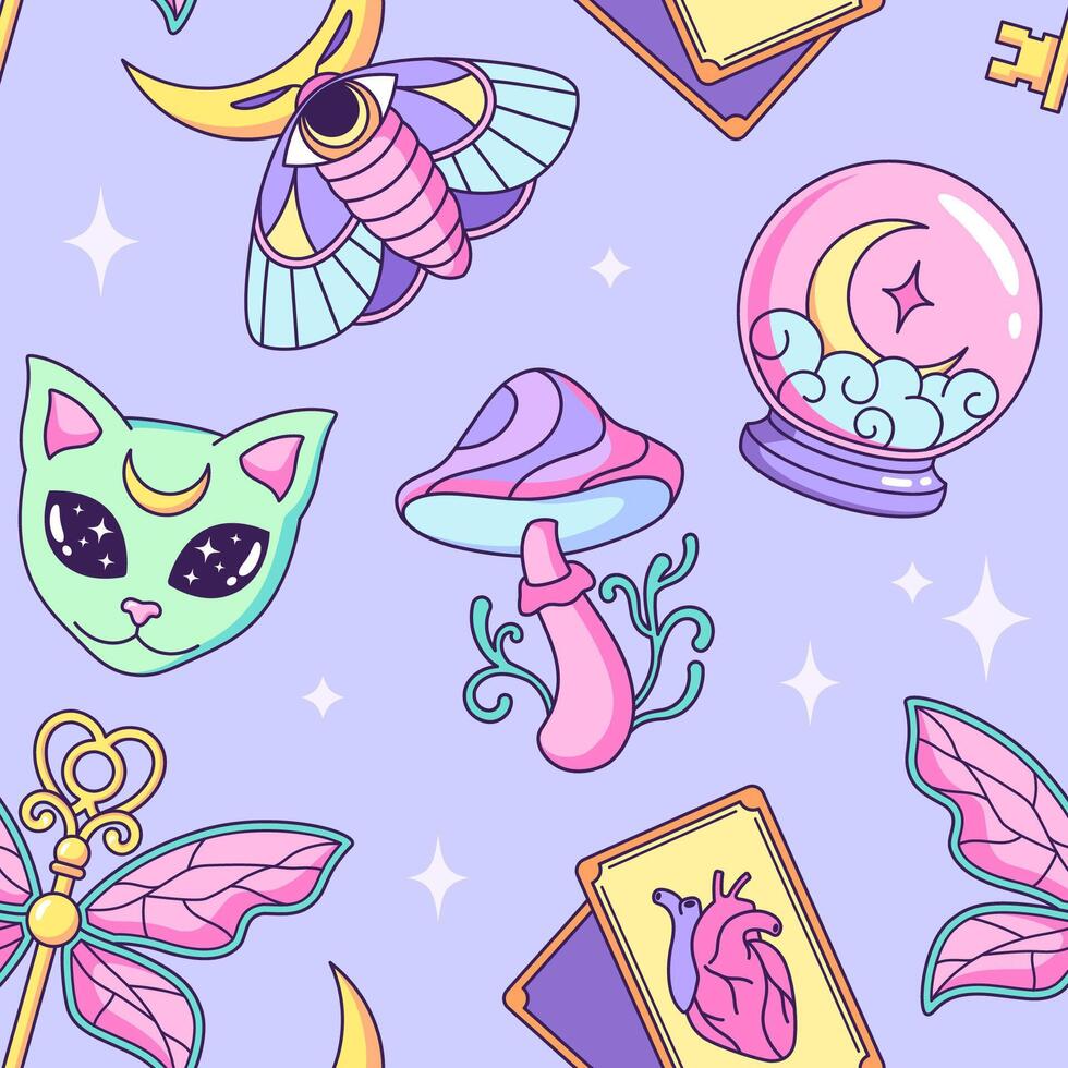 Witchcraft, tarot, magic seamless pattern, background. Mystical, astrological, esoteric, magic objects, icons, elements and symbols, cartoon style vector illustrations.