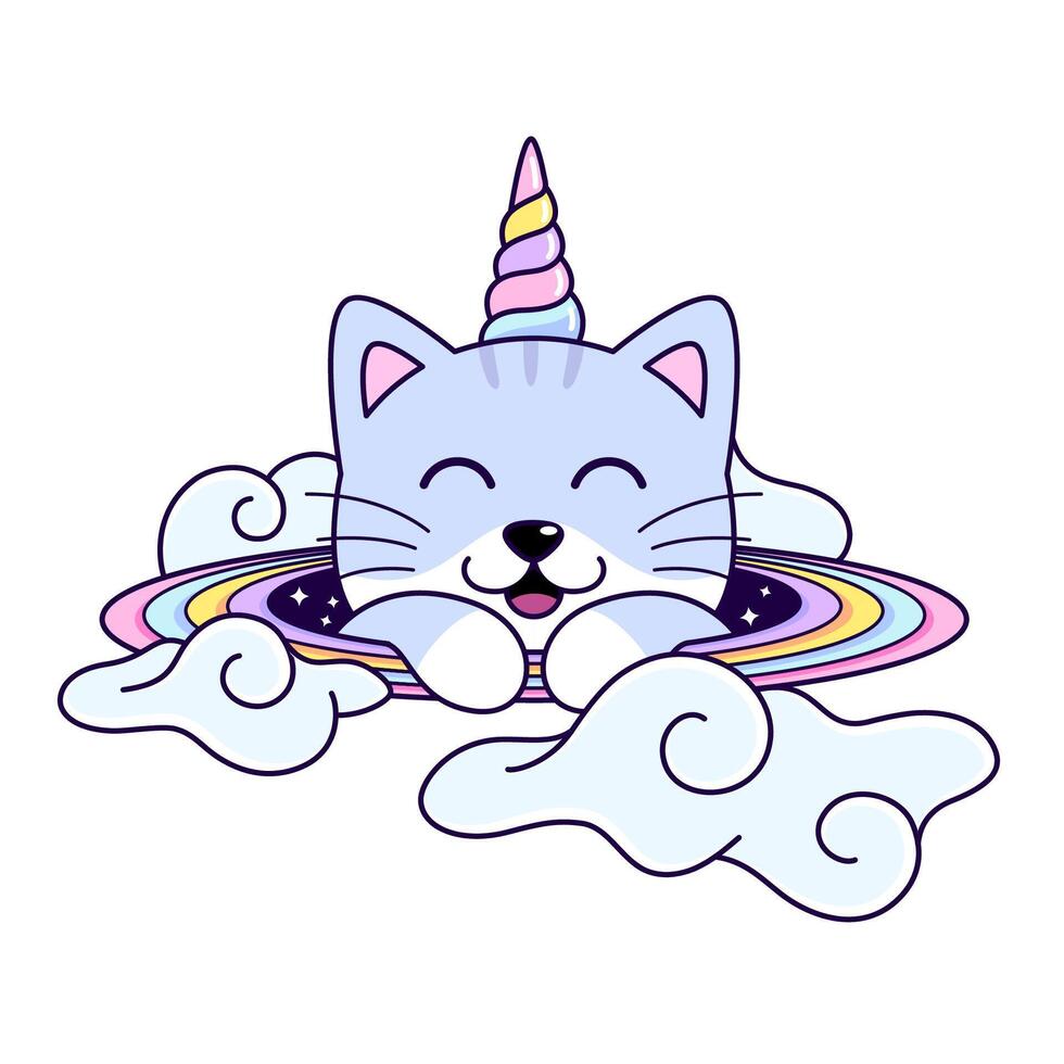 unicornio gato cabeza en espacio arco iris anillo con nubes, linda magia dibujos animados estilo ilustración vector