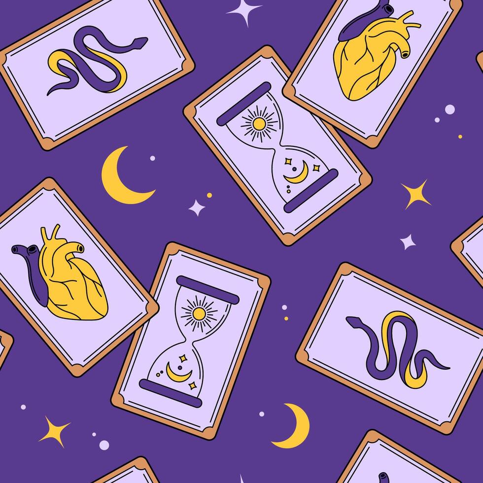 Tarot cards seamless pattern, background, Esoteric, goth, astrological, magic cartoon style illustration vector