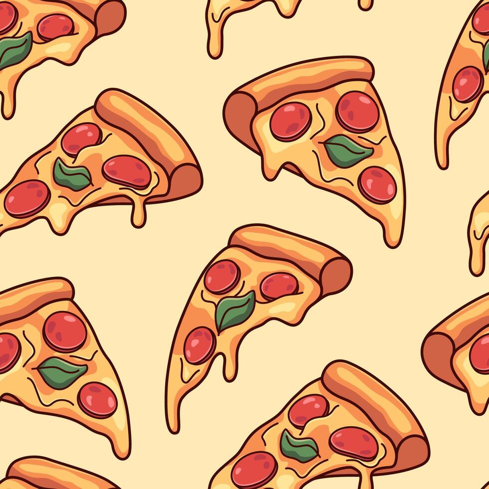 Pizza, pizza slices seamless pattern, background. Cartoon style doodle drawings, vector illustrations.