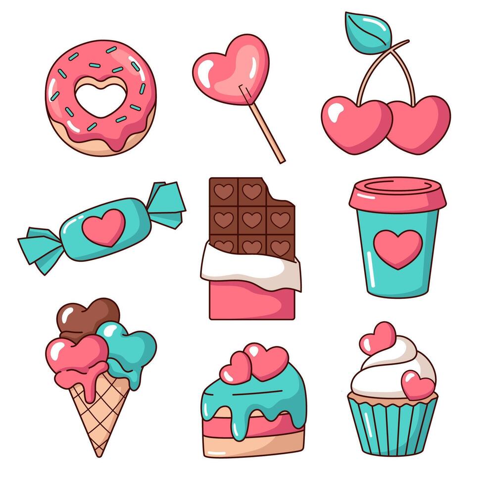 Heart-shaped desserts, sweet fast food with hearts, set of cute illustrations vector