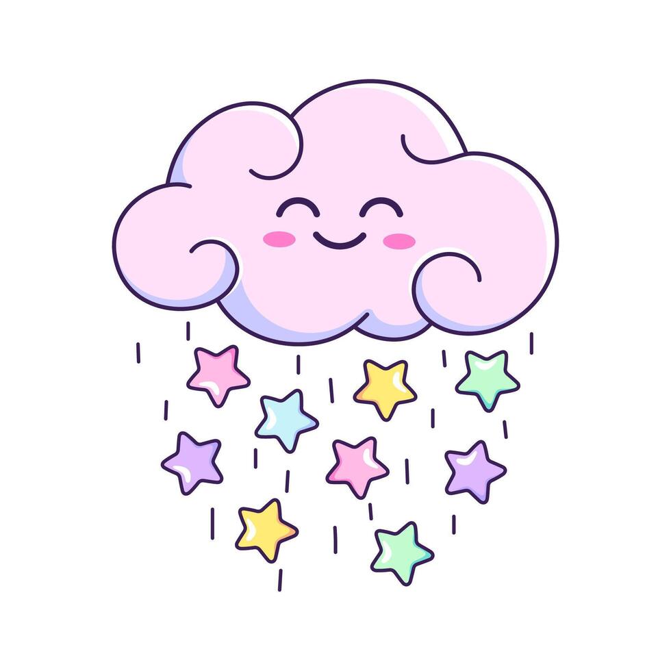 linda dibujos animados nube con un sonriente cara lloviendo con estrellas. vector niños dibujo, ilustracion