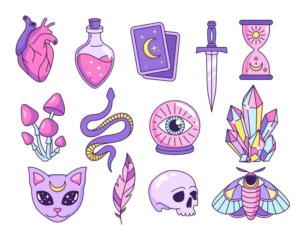 Witchcraft, mystical, astrological, esoteric, magic objects, icons, elements and symbols. Set of cartoon style vector illustrations.