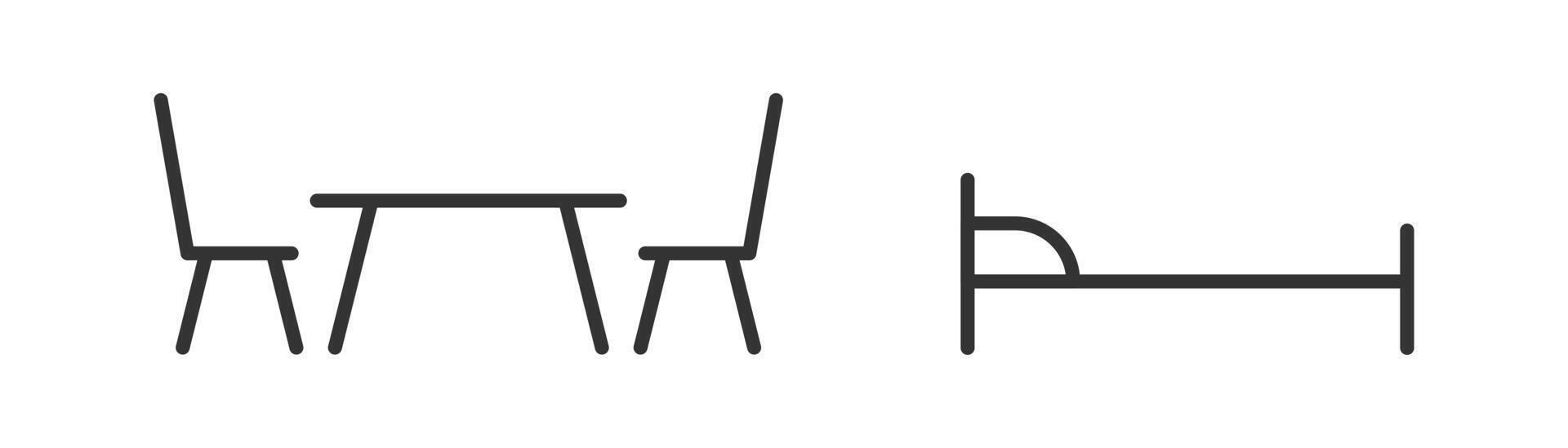 Table with chairs and bed icon. Linear vector illustration.