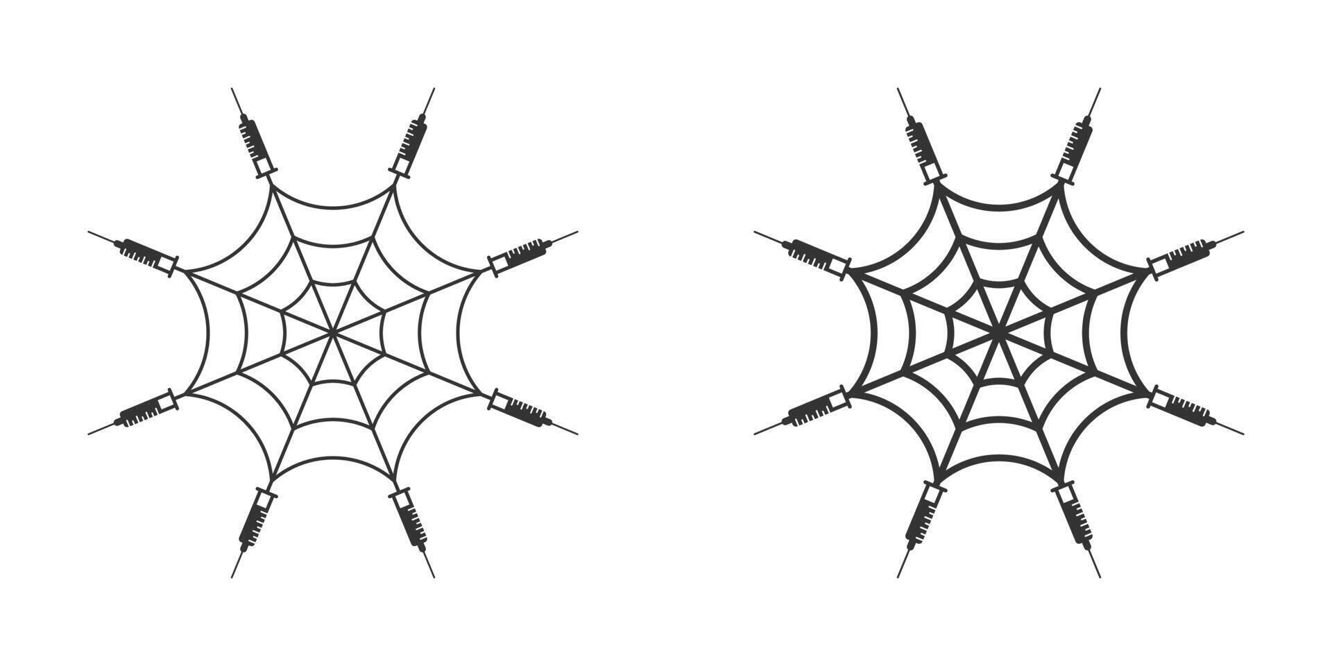 Spider web with syringes. Drug addiction concept. Vector illustration.