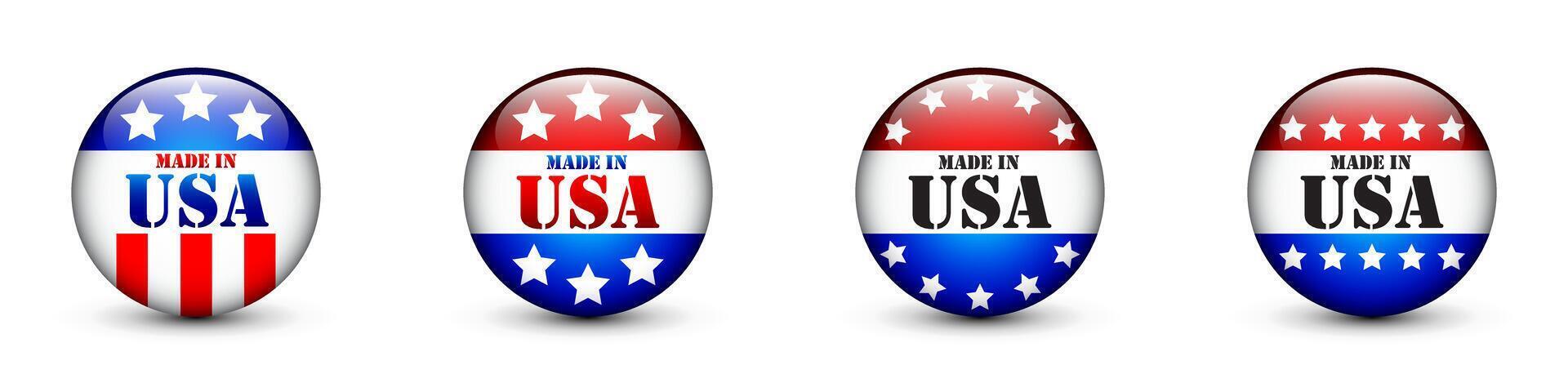 Made in USA glossy buttons set. Flat vector illustration.