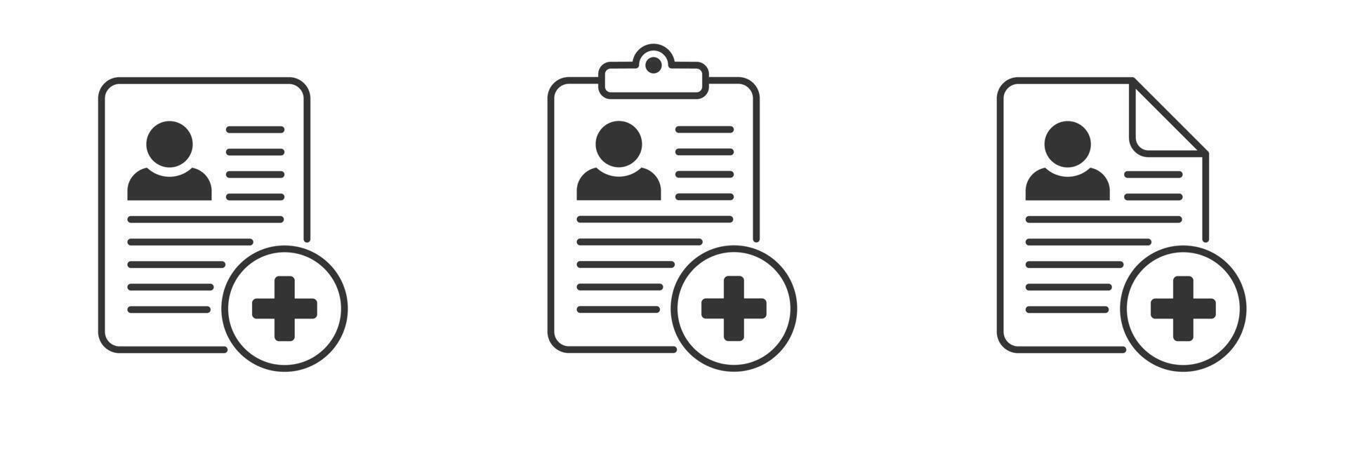 Medical card icon. Insurance card. Medical record, diagnosis. Add file. Profile symbol. Document. Vector. vector