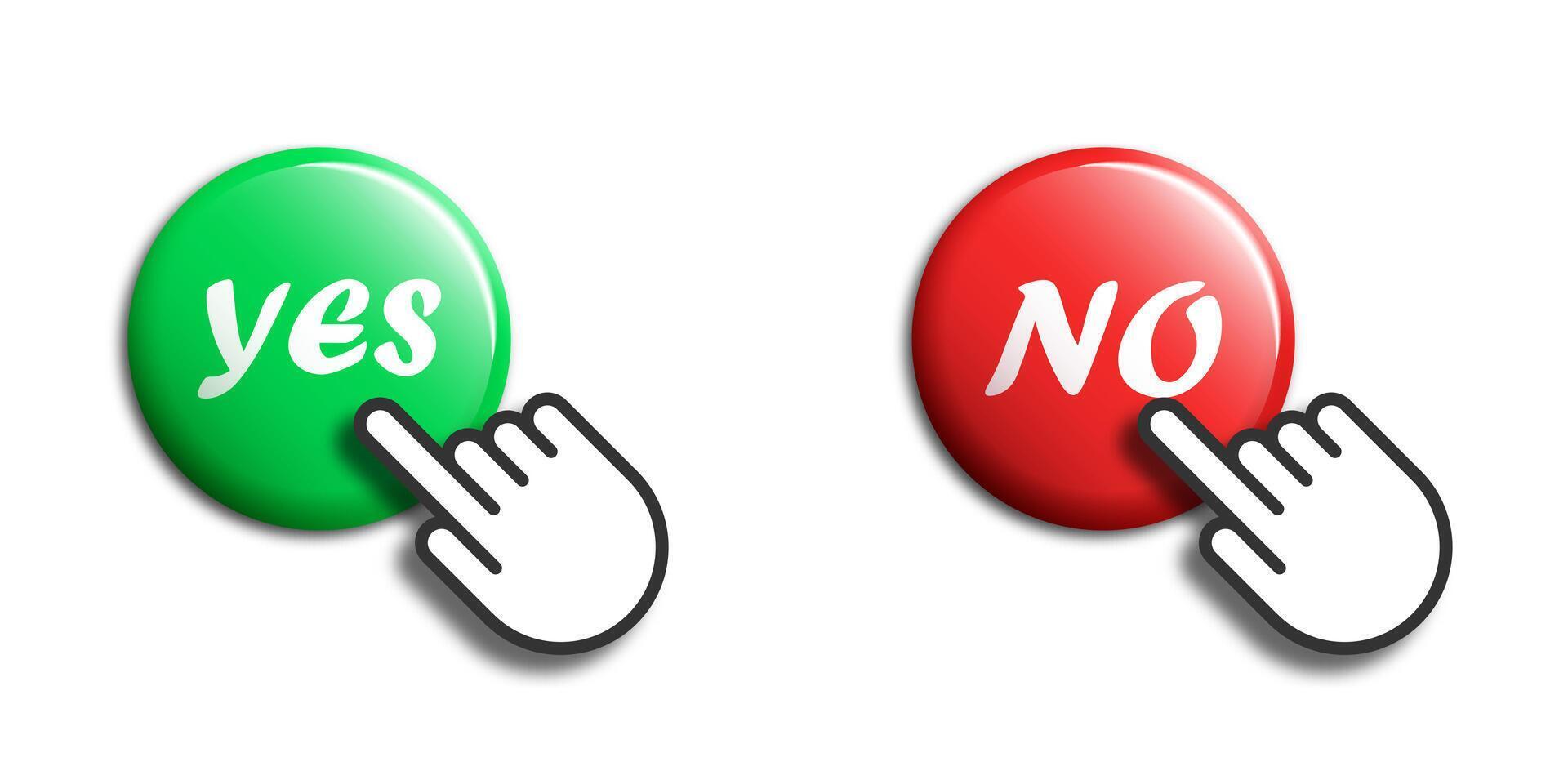 Click hand cursor with buttons and text Yes, No. Vector illustration.