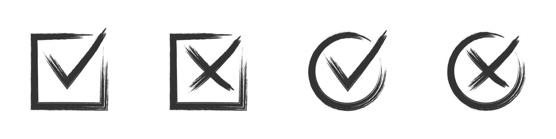 Grunge style check mark and cross icons. Vector illustration.