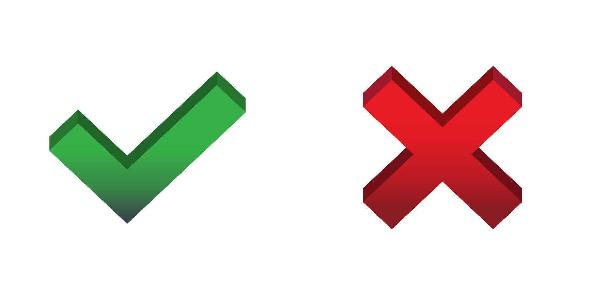 Checkmark and cross in 3d icons. Vector illustration.