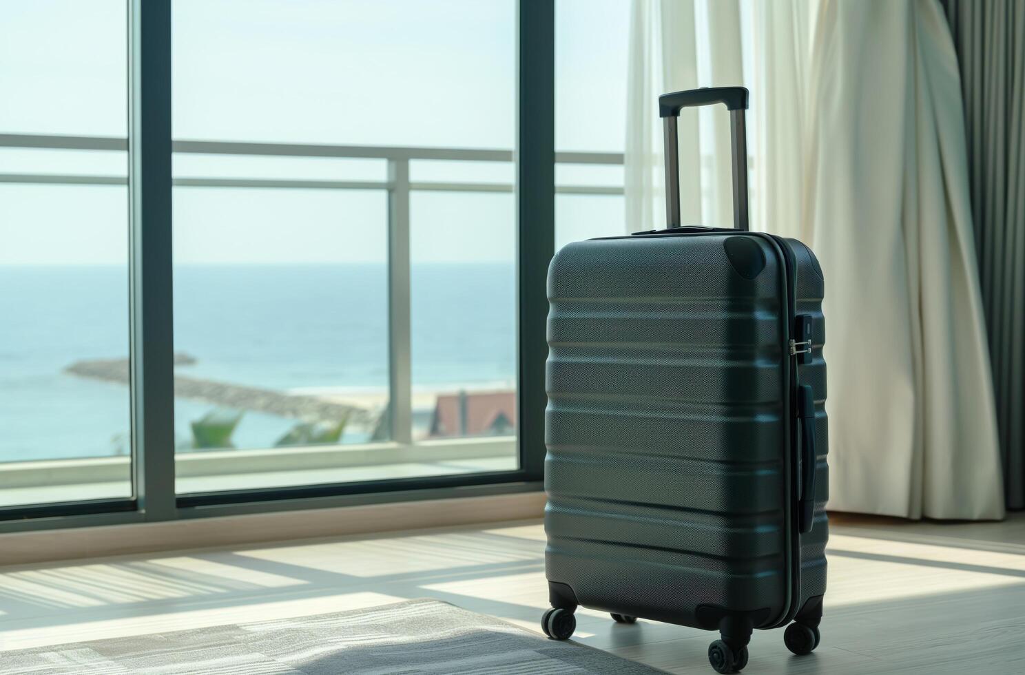 AI generated Packed suitcase sea view photo