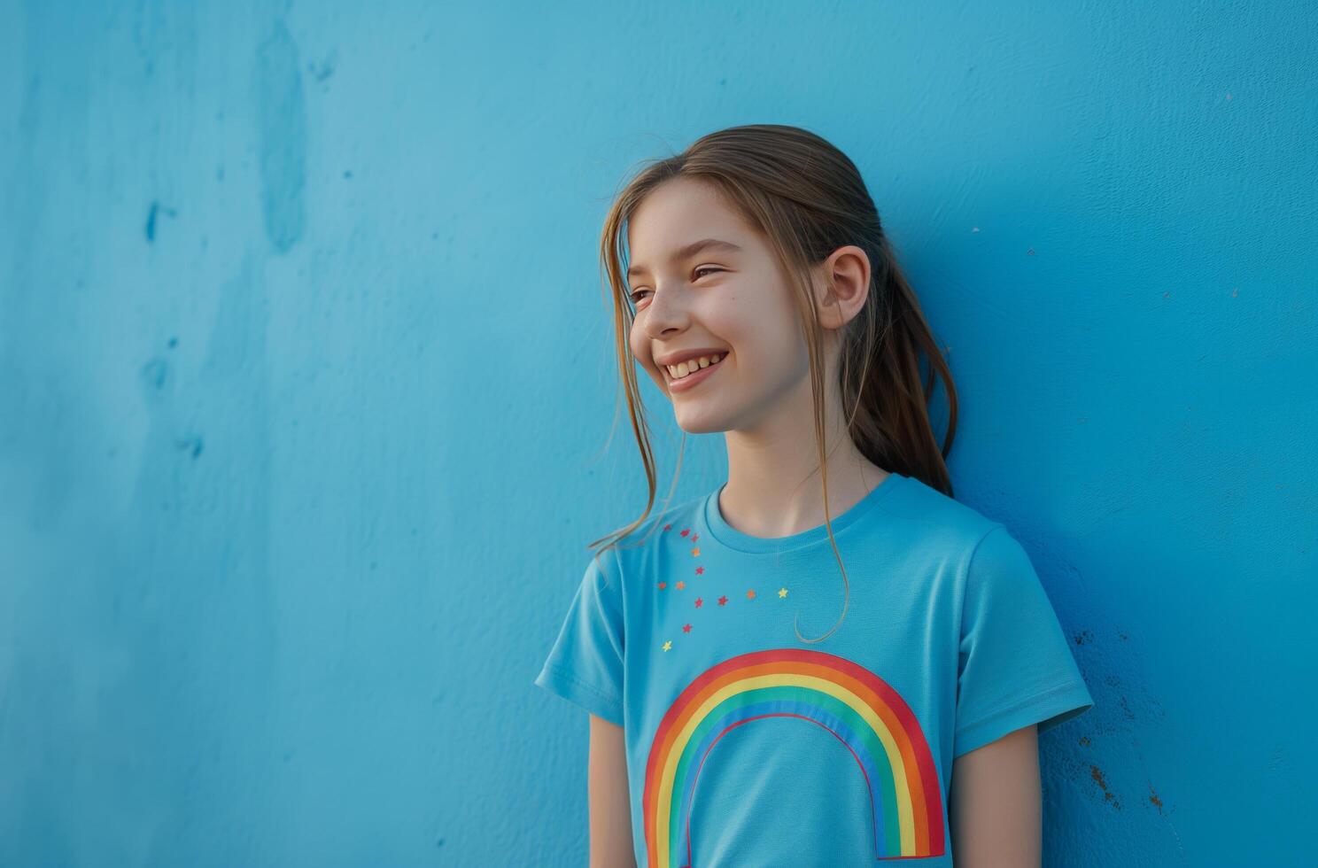 AI generated Teen girl smiling against blue wall photo