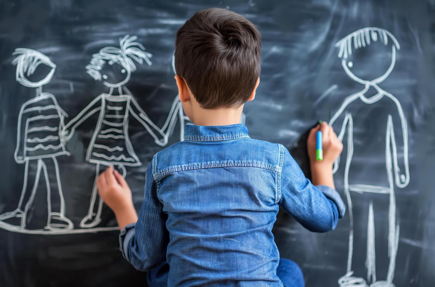 AI generated Boy drawing family on chalkboard photo