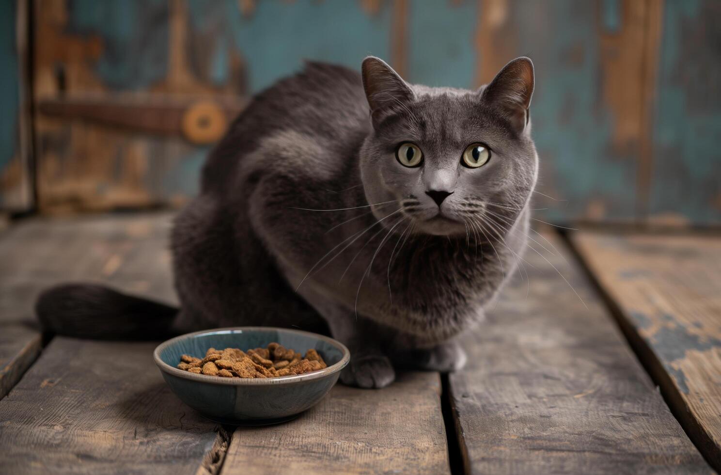 ai generado alerta gris gato en madera foto