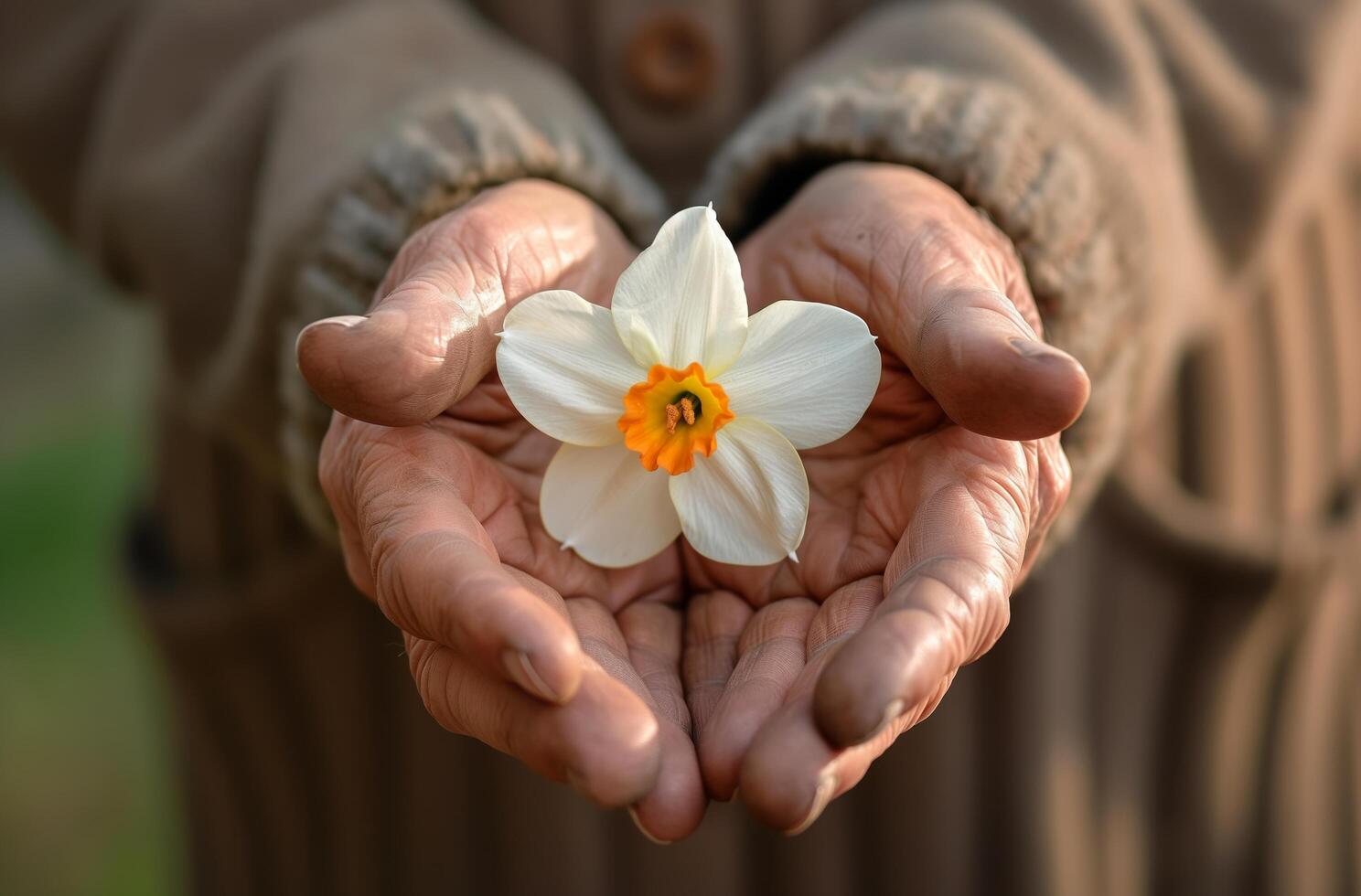 AI generated Daffodil in elderly hands photo