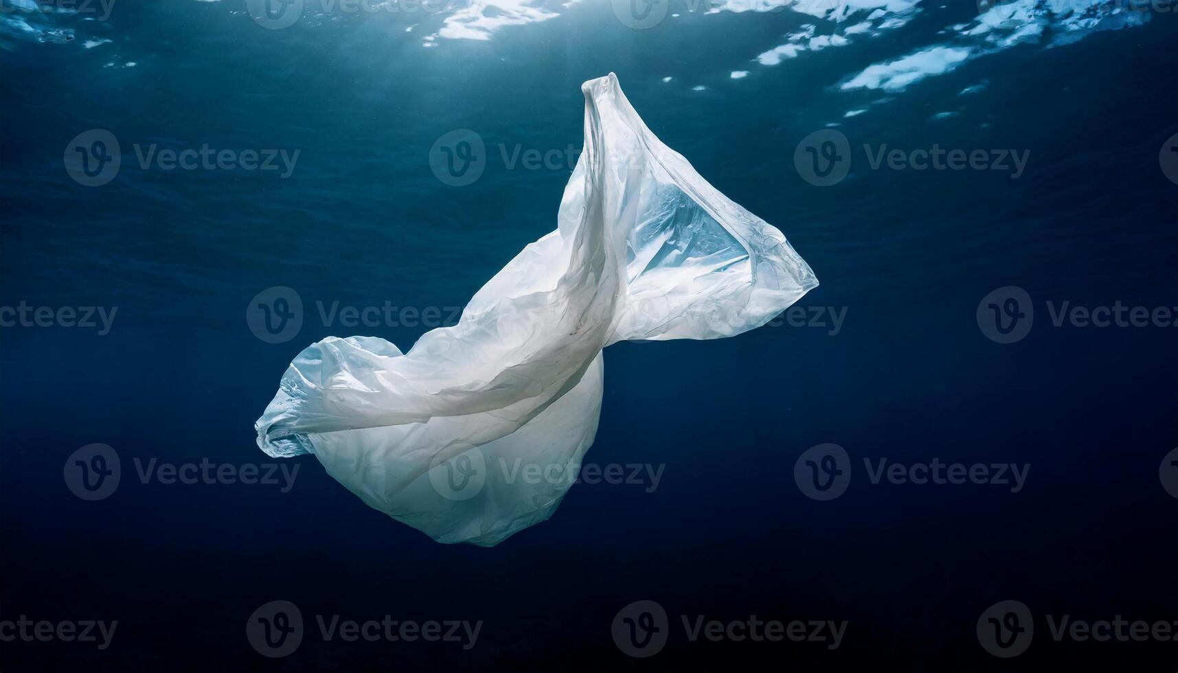 AI generated A white plastic bag floats gracefully in the deep blue ocean, illuminated by natural light, highlighting environmental issues. photo