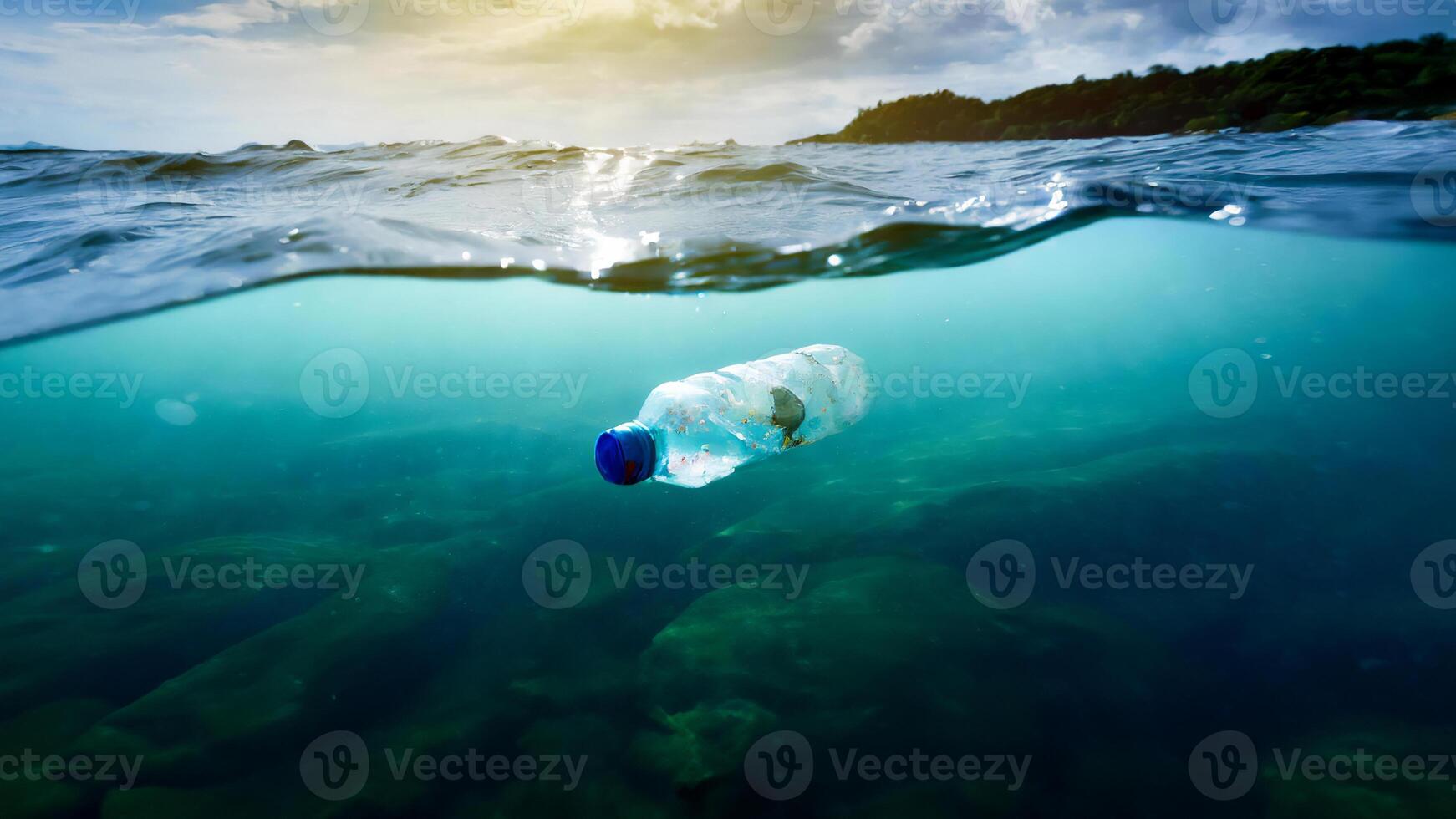 AI generated A plastic bottle floats in clear blue ocean water, illuminated by sunlight, with a lush green island and cloudy sky in the background. photo