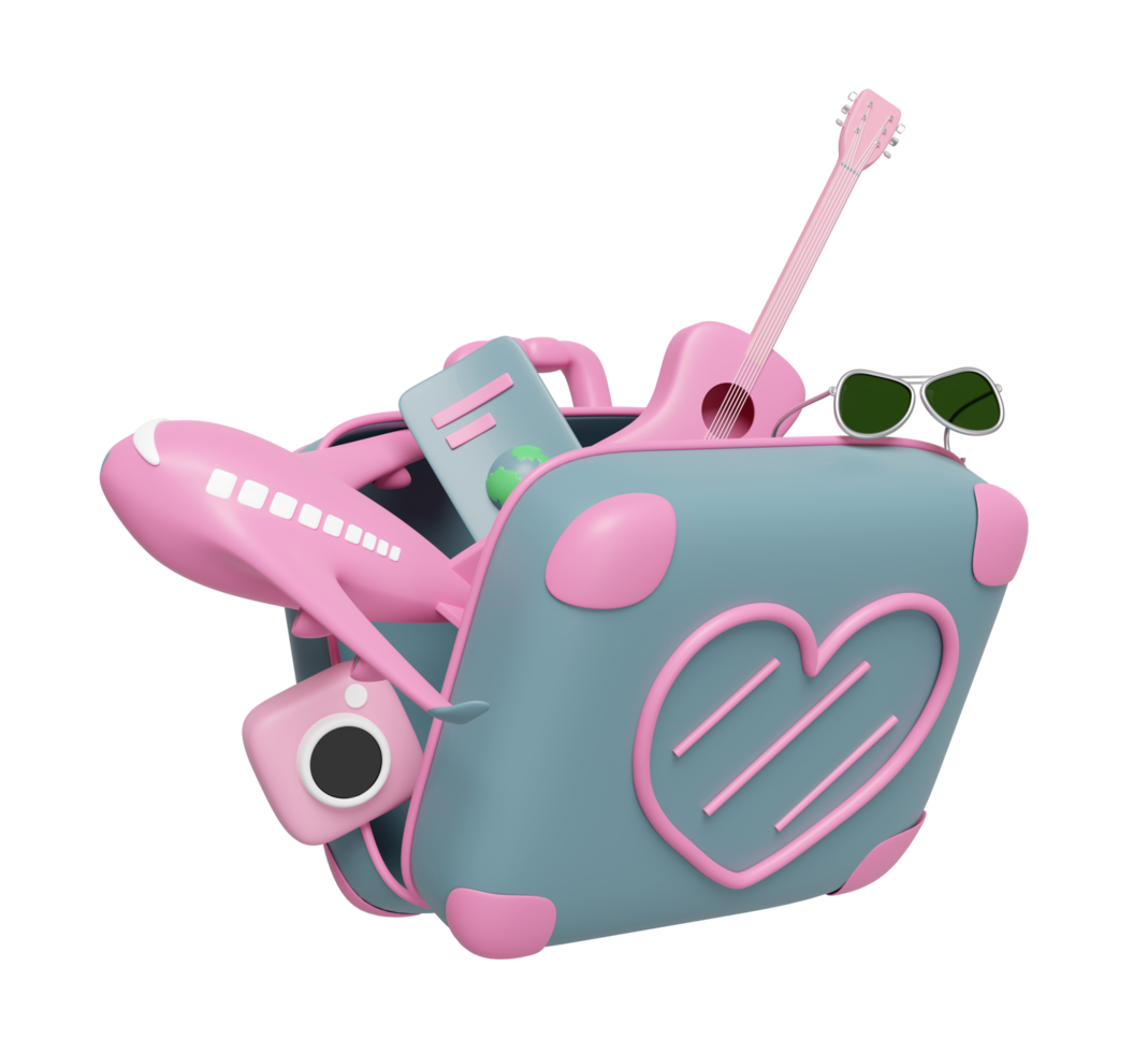 summer travel with open suitcase, heart shaped pattern, sunglasses, camera, guitar, passport or international travel for tourism, airplane isolated. concept 3d illustration render png