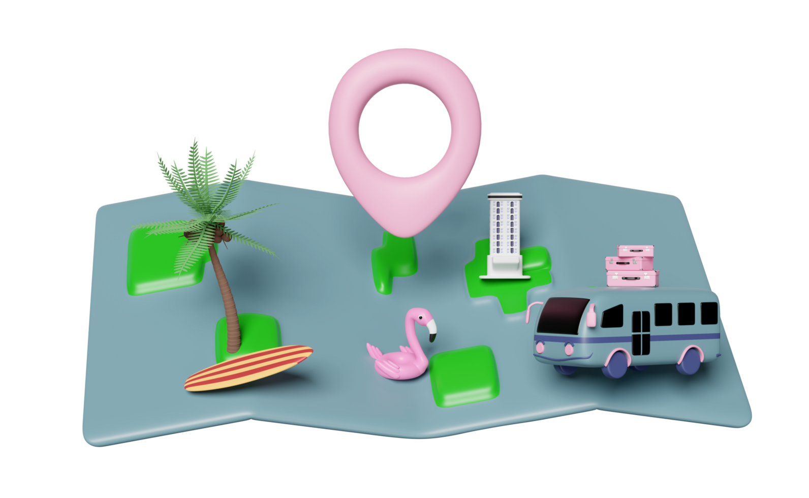 3d map with pin, palms tree, tourist bus, condominium, luggage, island, surfboard isolated. map earth travel concept, 3d render illustration png