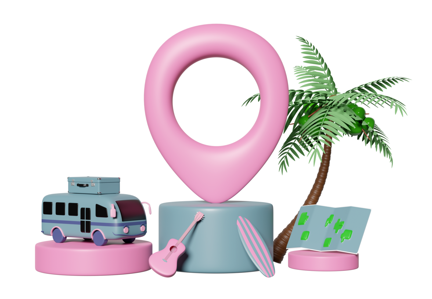 3d pin on podium with map, palms tree, tourist bus, luggage, surfboard, guitar isolated. map earth travel concept, 3d render illustration png
