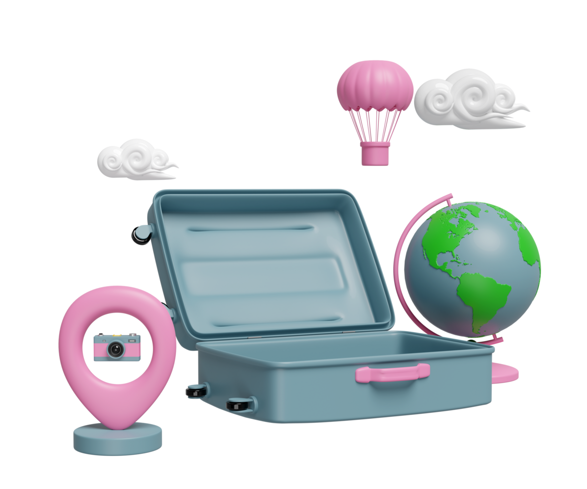 3d open suitcase empty with location pin, GPS navigator, map, cloud, globe, balloon, camera isolated. summer travel concept, 3d illustration render png