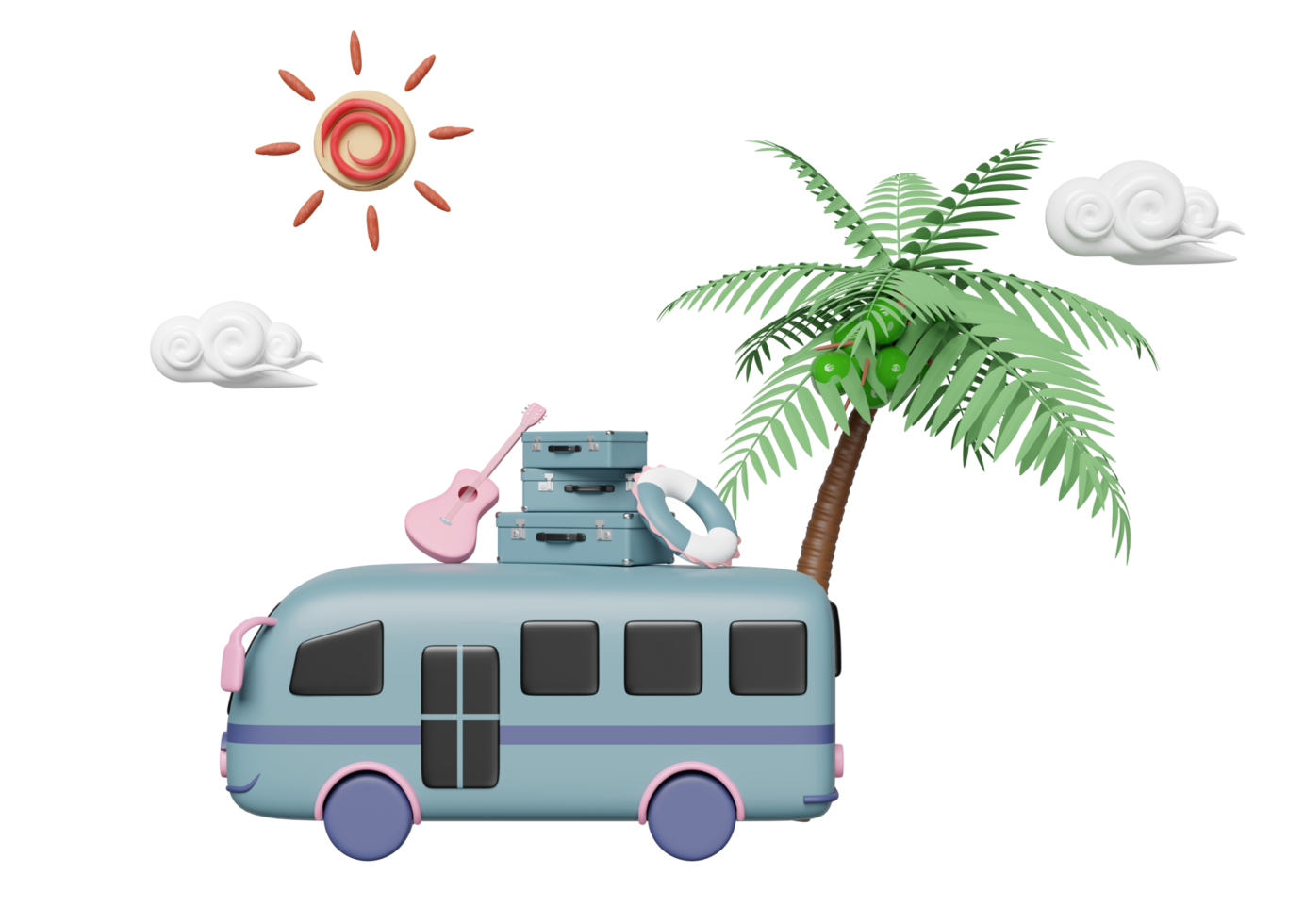 3d tourist bus with luggage, guitar, lifebuoy, palms tree, sun, cloud isolated. summer travel concept, 3d render illustration png