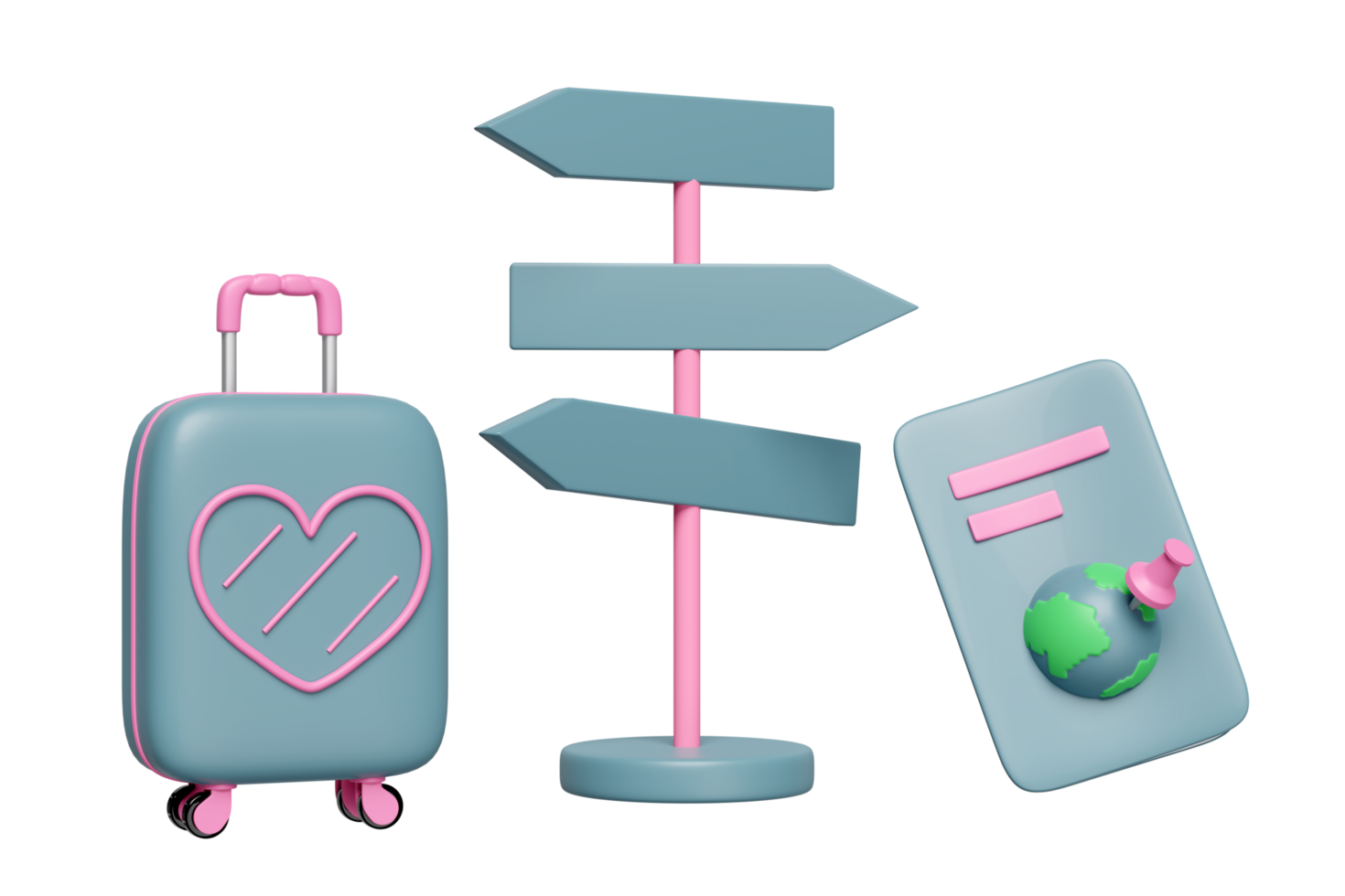 3d road signs with passport or international travel for tourism, suitcase, pin isolated. 3d render illustration png