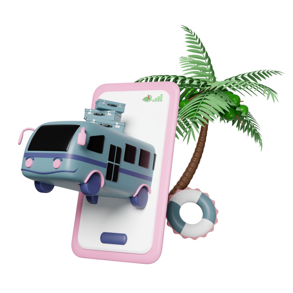 3d tourist bus with mobile phone, smartphone, luggage, palms tree, lifebuoy isolated. summer travel concept, 3d render illustration png