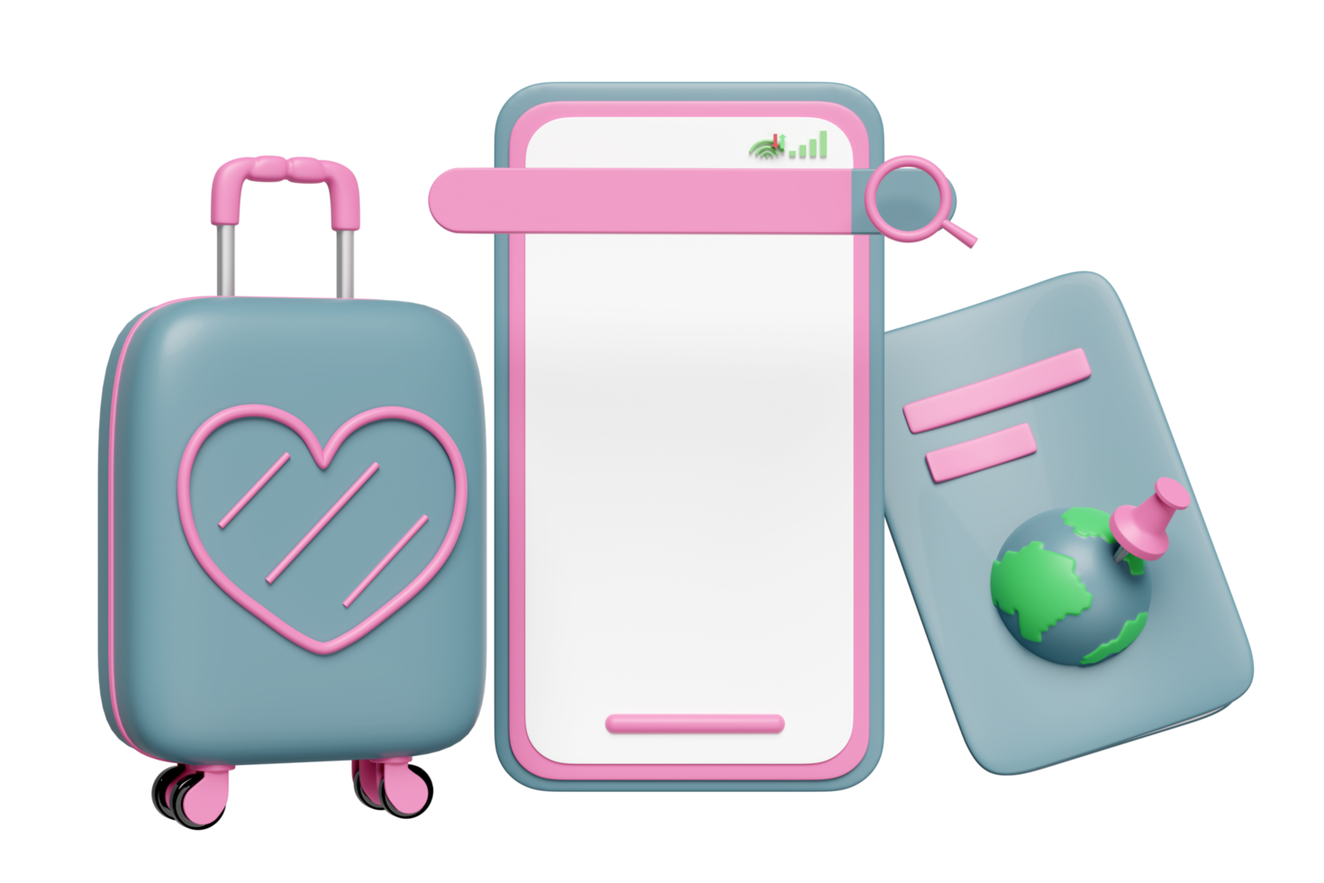 3d mobile phone, smartphone with search bar, passport or international travel for tourism, suitcase, pin isolated. 3d render illustration png